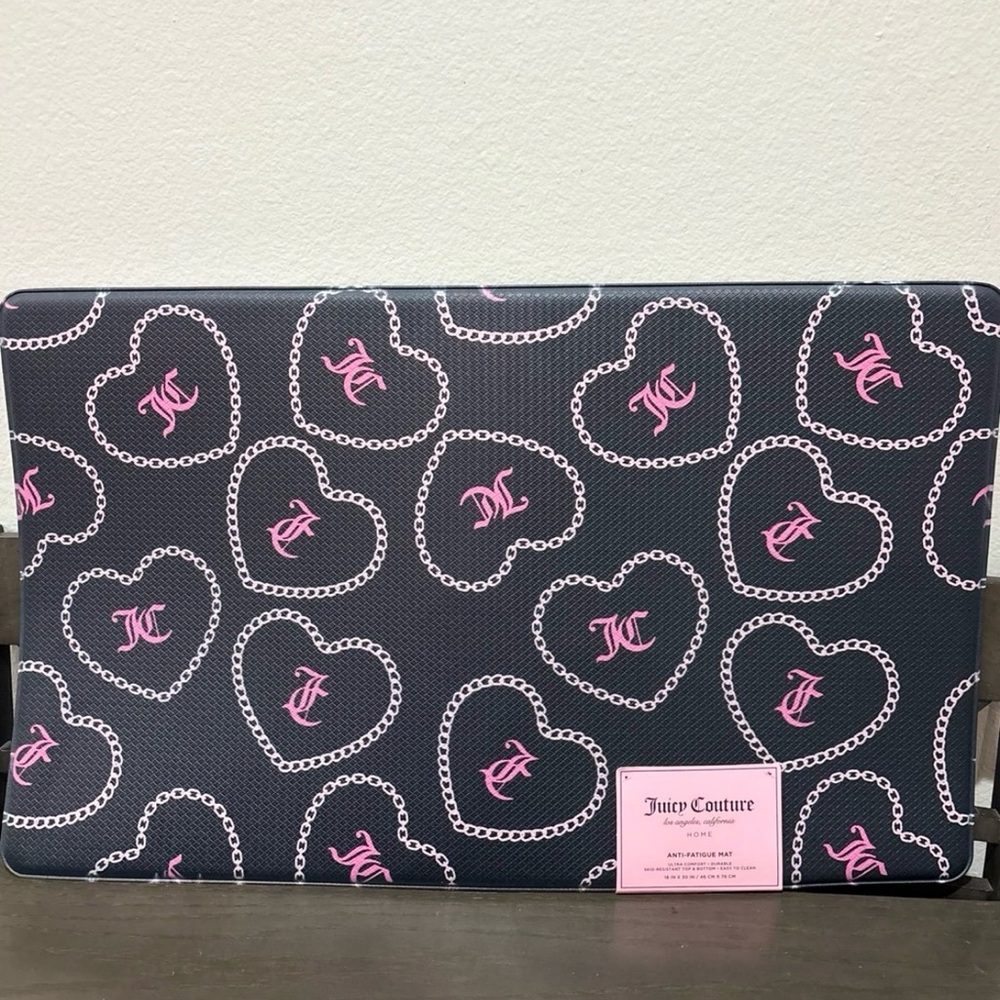 Juicy Couture Black with Pink Heart Chain Print Kitchen Mat